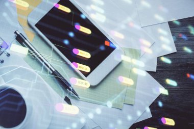 Çalışma masasının üzerine teknoloji teması çizimi çifte pozlama. Üst Manzara. Küresel veri analiz kavramı.