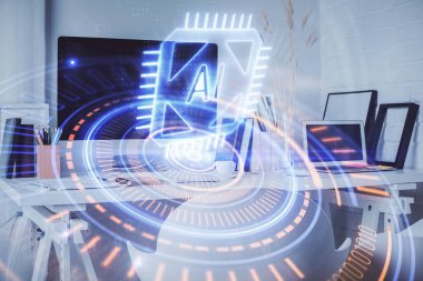 Veri teması çizimi ve ofis içi arka planına çifte maruz kalma. Teknoloji kavramı.