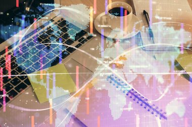 Masa arkasında kahve ve eşyalar olan iki kat iş teması çizimi ve masaüstü görüntüsü. Pazar ticareti kavramı