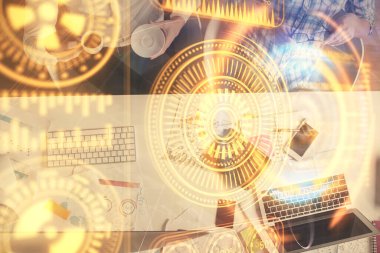 Kadın ve erkeğin birlikte çalışması ve teknoloji temalı çizimler. Bilgisayar arkaplanı. Üst Manzara. Yüksek teknoloji konsepti.