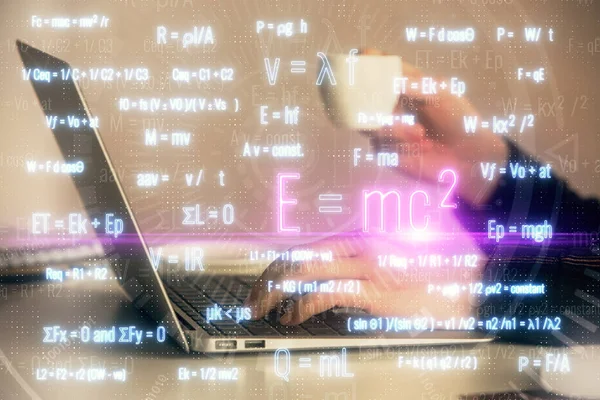 Double exposure of woman hands typing on computer and formula hologram drawing. Education concept. — Stock Photo, Image