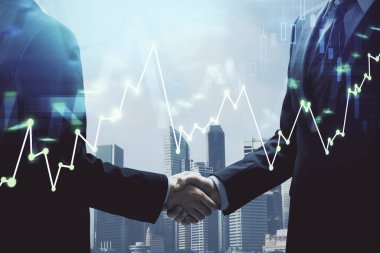 Forx grafik hologramı ve iki adamın el sıkışması. Borsa konsepti.