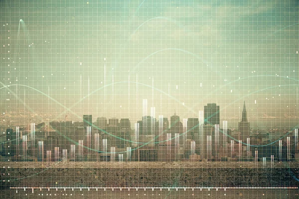 Forex graph on city view with skyscrapers background multi exposure. Financial analysis concept. — Stock Photo, Image