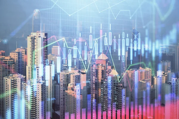 Forex chart a városkép felhőkarcolók tapéta dupla expozíció. Pénzügyi kutatási koncepció. — Stock Fotó