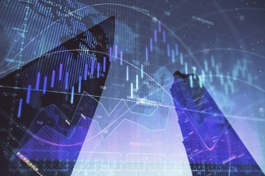 Yüksek binaların arka planında çoklu pozlama olan eski şehir haritası. Finansal araştırma kavramı.