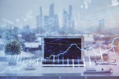 Bilgisayar geçmişi olan eski grafik hologramı. Çoklu maruz kalma. Finans piyasası kavramı.