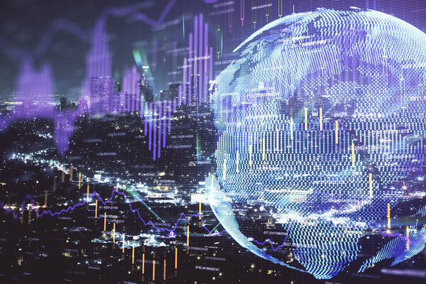 Financial graph on night city scape with tall buildings background multi exposure. Analysis concept.