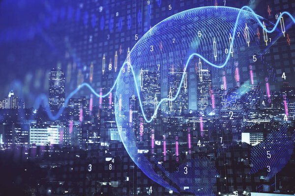 Financial graph on night city scape with tall buildings background multi exposure. Analysis concept.