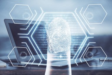 Ofisteki bilgisayarın parmak izi çizimi. Çifte maruziyet. İş veri güvenliği kavramı.