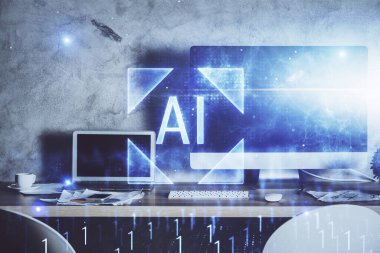 Teknoloji temalı çizim ve bilgisayarla çalışma alanı. Çoklu maruz kalma. Yenilik kavramı.