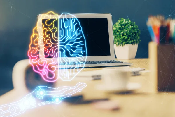 Multiblootstelling van de werkruimte met computer en menselijk hersenhologram. Brainstormconcept. — Stockfoto