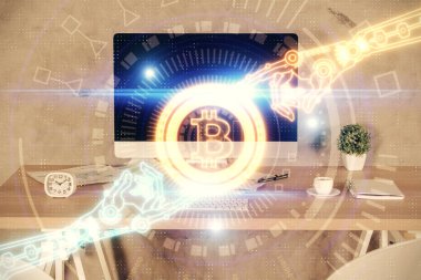 Kripto teknolojisi temalı çizim ve ofis içi arka planına çifte maruz kalma. Engelleme zinciri kavramı.