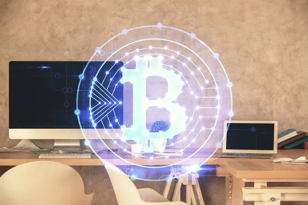 Double exposure of crypto technology theme drawing and office interior background. Concept of blockchain. — Stock Photo, Image