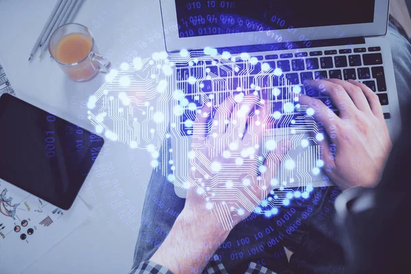 Double exposure of mans hands typing over computer keyboard and brain hologram drawing. Top view. Ai and data technology concept. — Stock Photo, Image