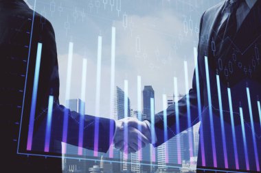 Forx grafik hologramı ve iki adamın el sıkışması. Borsa konsepti.