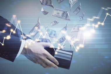 Finansal grafiğe çoklu pozlama hologram, Amerikan dolarları ve insan eli. Analiz kavramı.