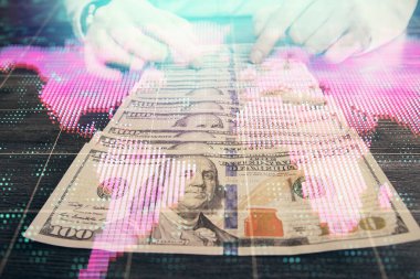Finansal temaya çok fazla maruz kalma hologram, Amerikan dolarları ve erkek eli. İş konsepti.