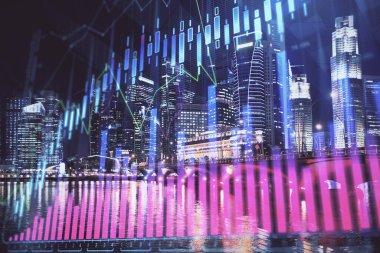 Yüksek binalar arka plan çok pozlama ile şehir scape mali grafik. Analiz kavramı.