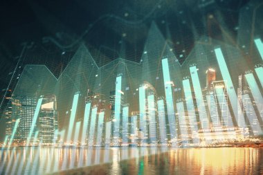 Yüksek binalar arka plan çok pozlama ile şehir scape mali grafik. Analiz kavramı.