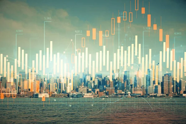 Forex chart on cityscape with skyscrapers wallpaper double exposure. Financial research concept. — Stock Photo, Image