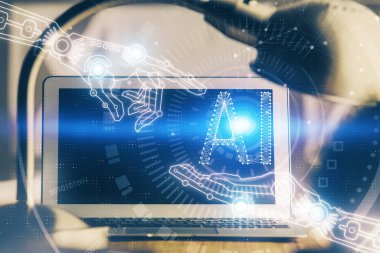 Arka planda kişisel bilgisayarı ve teknik tema çizimi olan iki kat masaüstü görüntüsü. Veri analizi kavramı.