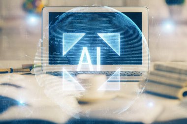 Masaüstü bilgisayar ve teknoloji temalı holograma çoklu maruz kalma. Yazılım geliştirme kavramı.