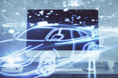 Otomobil hologramı çizimi olan masaüstü bilgisayar arkaplanı. Çoklu maruz kalma. Teknoloji kavramı.