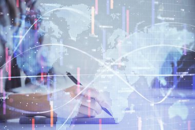 Eller üzerinde uluslararası iş hologram notları arka plan alarak. Başarı kavramı. Çoklu pozlama