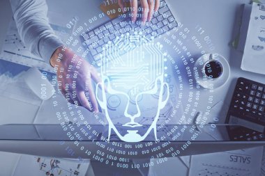 Bilgisayar klavyesini ve beyin hologramı çizimlerini yazarken çift pozlama. Üst Manzara. Ai ve veri teknolojisi kavramı.