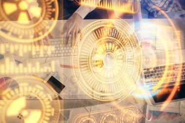 Kadın ve erkeğin birlikte çalışması ve teknoloji temalı çizimler. Bilgisayar arkaplanı. Üst Manzara. Yüksek teknoloji konsepti.