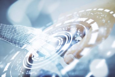 Erkeklerin el ele tutuşmaları ve dijital bir cihaz ve veri temalı çizimler kullanmaları. Yenilik kavramı.