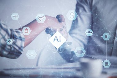 İki kişinin veri temalı hologramı ve el sıkışması. Bilişim endüstrisi konseptinde ortaklık.