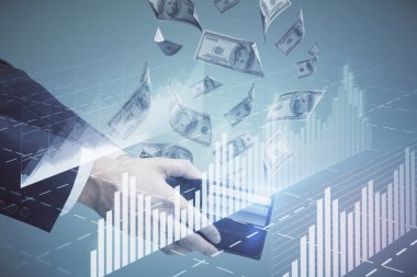 Finansal grafiğe çoklu pozlama hologram, Amerikan dolarları ve insan eli. Analiz kavramı.