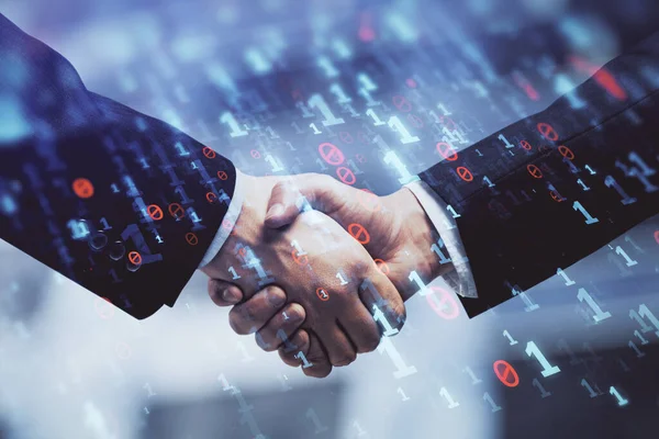 Double exposure of data theme hologram and handshake of two men. Partnership in IT industry concept. — Stock Photo, Image