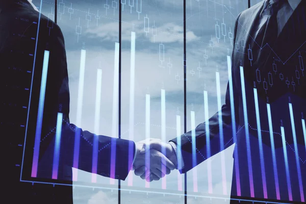 Dubbele blootstelling van forex grafiek hologram en handdruk van twee mannen. Beursmarktconcept. — Stockfoto