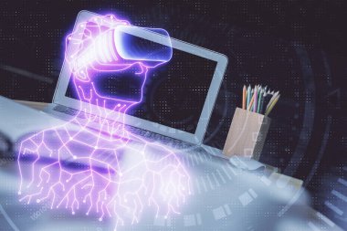 AR tema simgesi olan bilgisayar masaüstünde. Çoklu maruz kalma. Artırılmış gerçeklik kavramı.