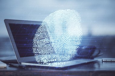 Ofisteki bilgisayarın parmak izi çizimi. Çifte maruziyet. İş veri güvenliği kavramı.