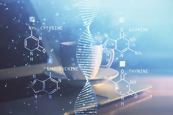 Desktop computer background and DNA drawing. Double exposure. Science concept. — Stock Photo, Image