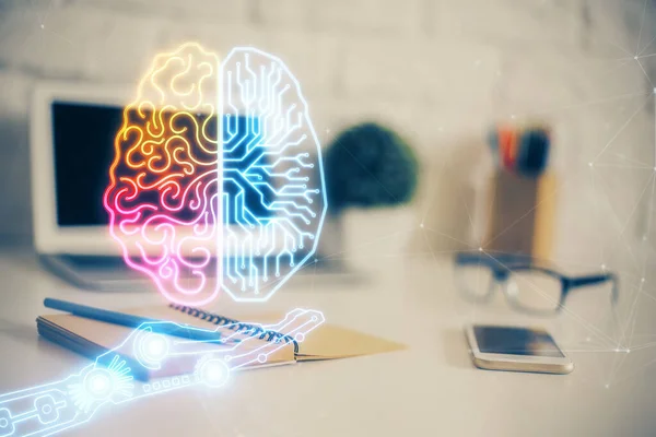 Mehrfachbelichtung des Arbeitsplatzes mit Computer und menschlichem Gehirn-Hologramm. Brainstormkonzept. — Stockfoto