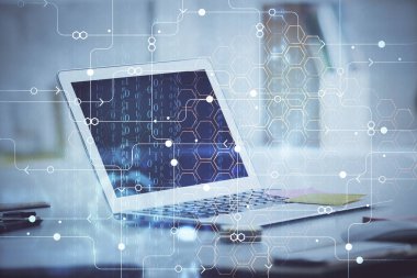 Teknoloji temalı çizim ve bilgisayarla çalışma alanı. Çoklu maruz kalma. Yenilik kavramı.