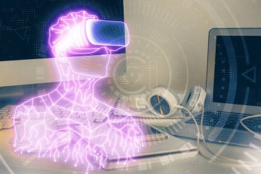 AR tema simgesi olan bilgisayar masaüstünde. Çoklu maruz kalma. Artırılmış gerçeklik kavramı.