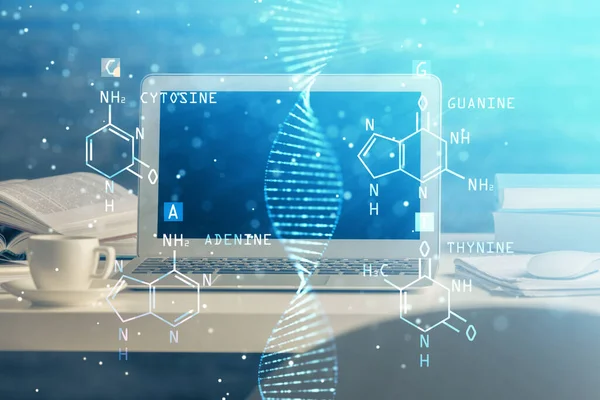 데스크톱 컴퓨터 배경과 DNA 그 리기입니다. 두 번 노출. 과학 개념. — 스톡 사진