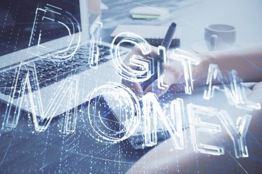 Kripto para birimi hologramı, notlar alan ellerin üzerinde arka plan. Blockchain kavramı. Çoklu pozlama