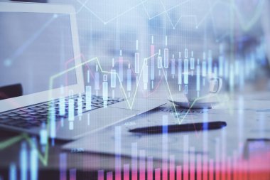 Bilgisayar geçmişi olan eski grafik hologramı. Çifte maruziyet. Finans piyasası kavramı.