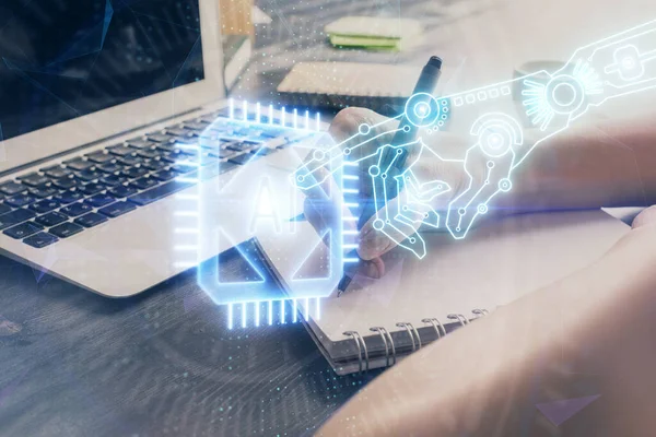 Multi blootstelling van het schrijven van handen op de achtergrond met data-oplossing hologram. Technologieconcept. — Stockfoto