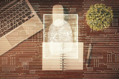 Masaüstü arka planında parmak izi var. Üst Manzara. Çifte maruziyet. Menkul kıymetleştirme kavramı.