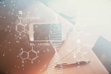 Telefonunla masanın üzerine DNA çizimi yapılmış. Üst Manzara. Bilim eğitimi kavramı.
