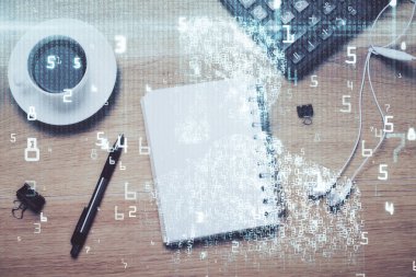 Kripto teknolojisi temalı çizim ve ofis içi arka planına çifte maruz kalma. Engelleme zinciri kavramı.
