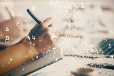 Teknoloji temasının arka plan notları alan insanların üzerine çift pozlanması. Teknoloji kavramı