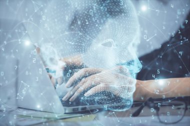 Bilgisayar ve beyin hologramı çizimleri üzerinde çalışan çok sayıda kadın eli var. Ai kavramı.